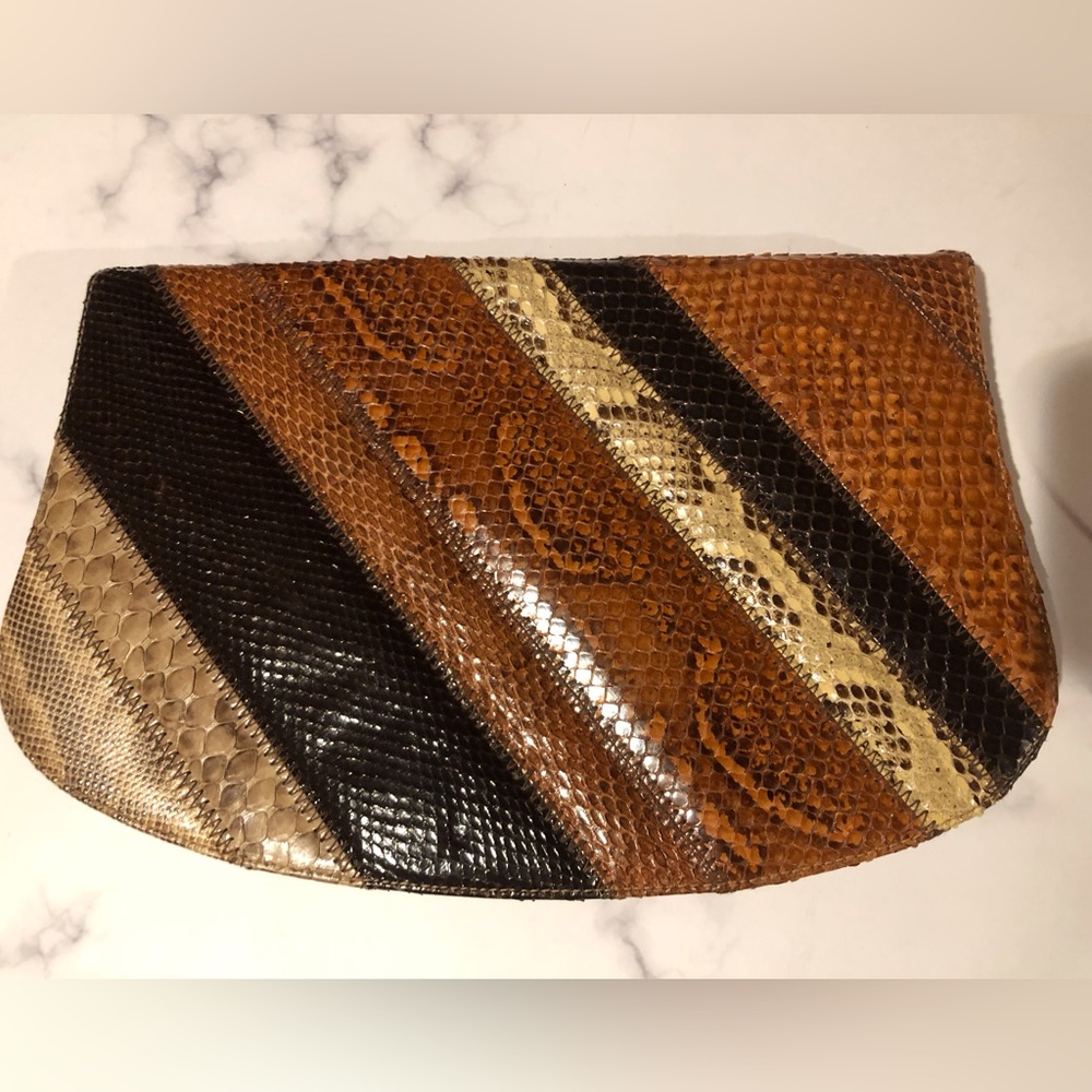 Vintage reptile snake skin leather lining clutch, shoulder bag with gold chain